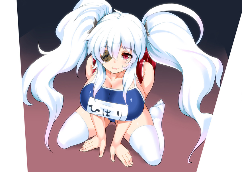 backpack bag bare_shoulders blue_swimsuit breasts competition_school_swimsuit eyepatch huge_breasts mokko_(kamiko!) one-piece_swimsuit randoseru red_eyes senran_kagura senran_kagura_shoujo-tachi_no_shin'ei sitting solo swimsuit thighhighs twintails wariza white_hair white_legwear yagyuu_(senran_kagura)