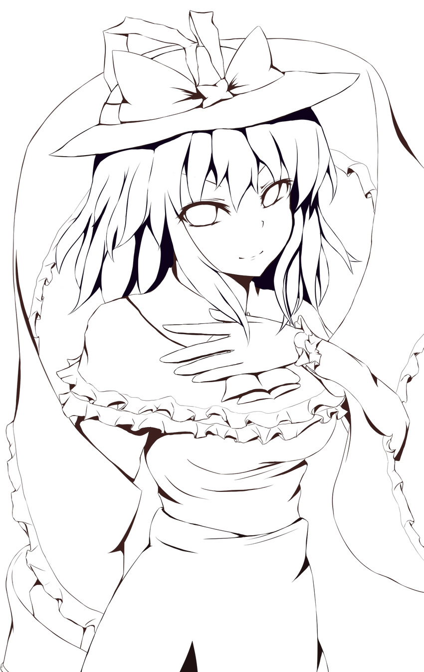 absurdres breasts hat highres krace lineart looking_at_viewer medium_breasts monochrome nagae_iku smile solo touhou