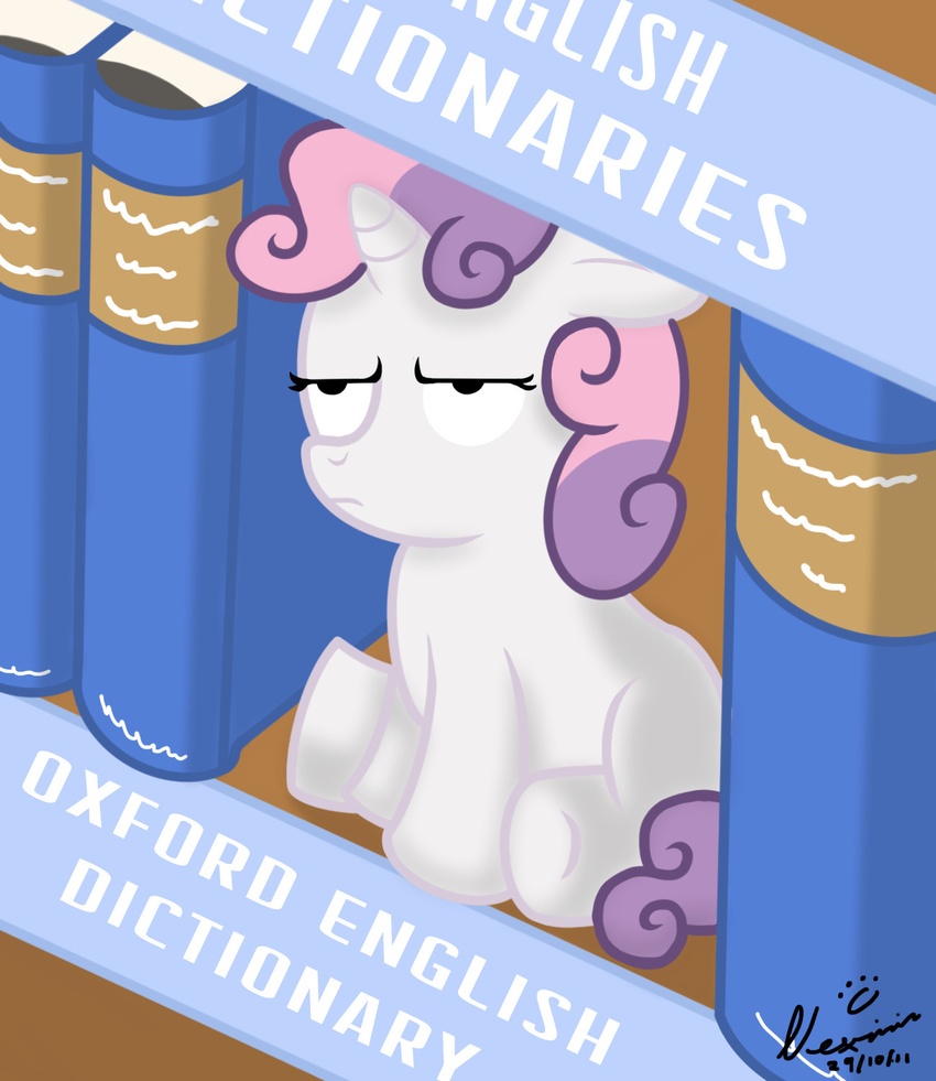 annoyed black_eyes book cub dictionary english_text equine female feral friendship_is_magic fur hair hi_res horn horse library mammal multi-colored_hair my_little_pony nexivian pink_hair pony purple_hair solo sweetie_belle_(mlp) text two_tone_hair unicorn white_fur young