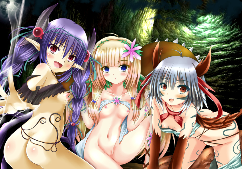 3girls :d :o aatora_the_fascinating_fiend ahoge all_fours ankle_lace-up ass back bangs bare_shoulders blonde_hair blue_eyes blunt_bangs blush body_blush bottomless bracelet braid breasts brown_eyes collarbone cross-laced_footwear dimples_of_venus duel_angel duel_monster fang fascinating_fiend female flower hair_between_eyes hair_bobbles hair_flower hair_ornament hairband hands highres indoors jewelry kazuura_the_fascinating_fiend legs long_hair looking_at_viewer looking_back mound_of_venus multiple_girls navel nipple_slip nipples nude open_hand open_mouth outstretched_arm pointy_ears puffy_nipples purple_hair pussy red_eyes shirt_lift short_hair silver_hair sitting small_breasts smile thighs trion_the_fascinating_fiend twin_braids uncensored yu-gi-oh! yuu-gi-ou_duel_monsters