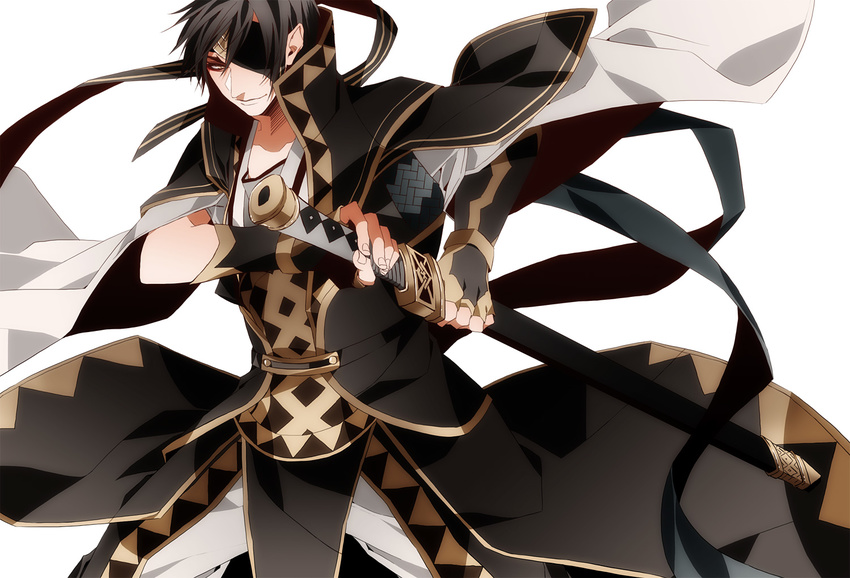 bad_id bad_pixiv_id black_hair brown_eyes eyepatch gensou_suikoden gensou_suikoden_v georg_prime male_focus rasshel smile solo sword uniform weapon white_background