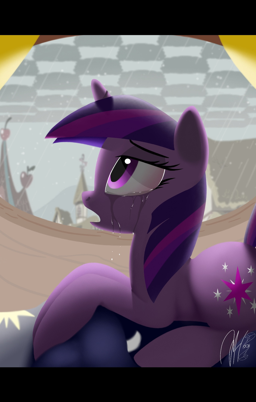 cutie_mark equine female feral friendship_is_magic hair horn horse mammal multi-colored_hair my_little_pony pink_hair pony purple_eyes purple_hair raining sad solo tears twilight_sparkle_(mlp) twintailsinc two_tone_hair unicorn