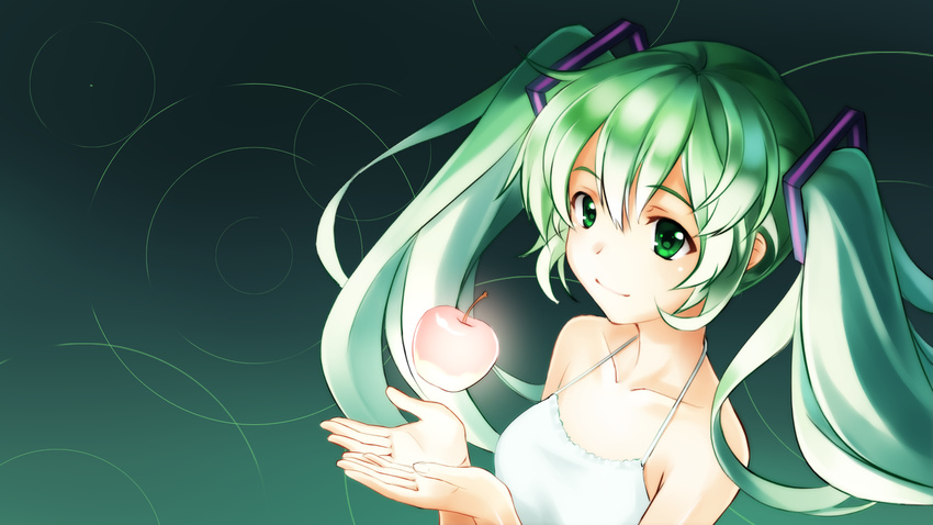 ame_no_uta apple bare_shoulders collarbone floating food fruit green_background green_eyes green_hair halterneck hatsune_miku highres long_hair ripples simple_background smile solo twintails upper_body vocaloid