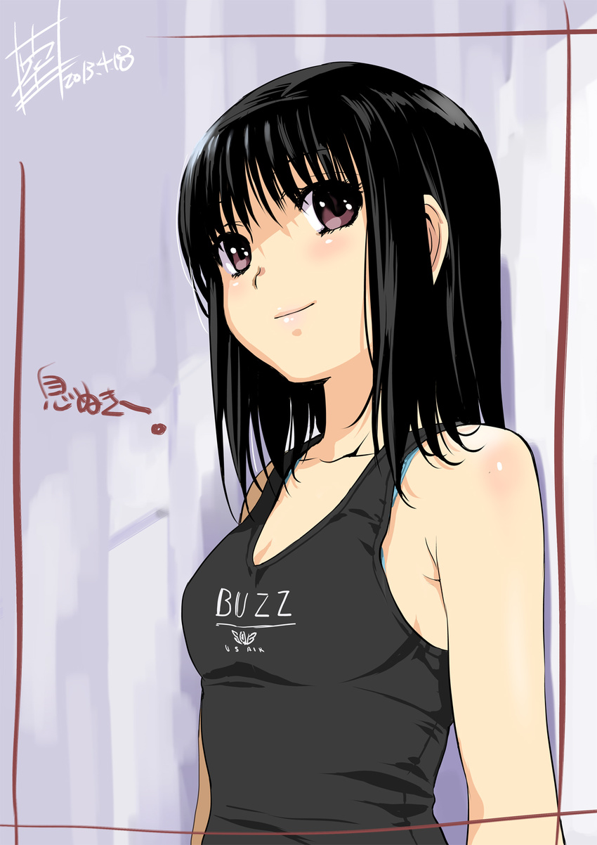 black_hair bra_strap breasts character_request copyright_request dated highres inoue_sora purple_eyes short_hair signature small_breasts smile solo tank_top translation_request