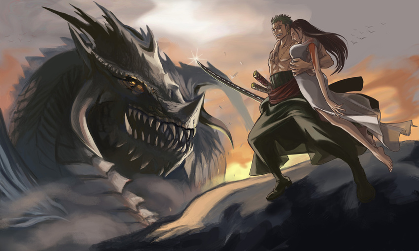 1boy 1girl barefoot black_hair blood butt_crack clenched_teeth dragon dress eyes_closed green_hair injury koga long_hair nico_robin one-eyed one_piece roronoa_zoro scar standing sword teeth weapon wounded