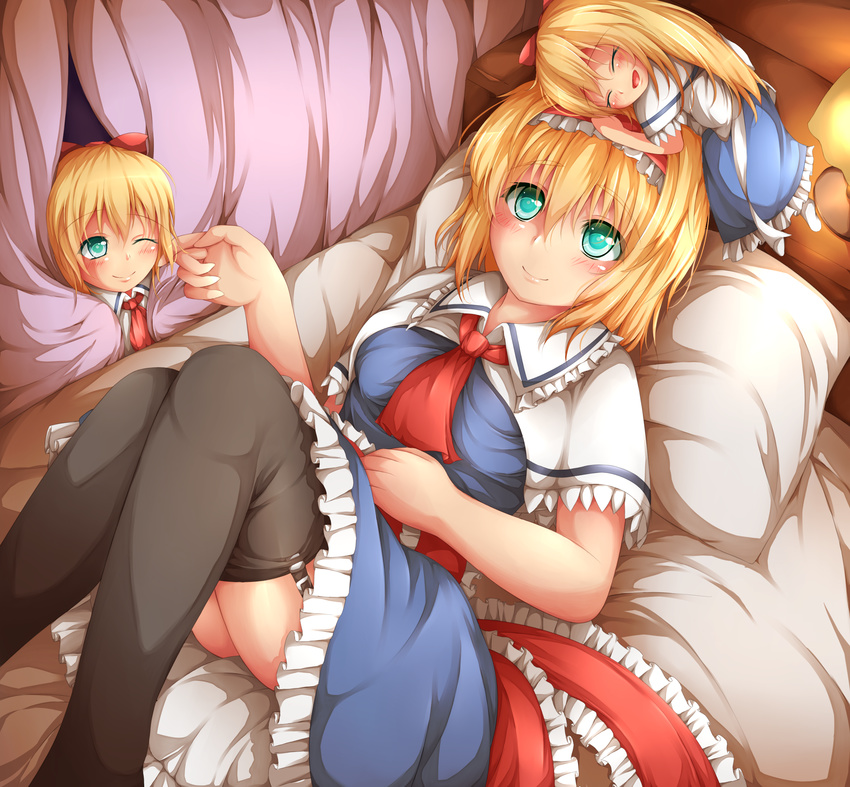 absurdres akkii_(meragold) alice_margatroid aqua_eyes bad_id bad_pixiv_id blonde_hair bow capelet closed_eyes couch doll_on_head dress garter_straps hair_bow headband highres knees_up looking_up lying on_back one_eye_closed peeking_out pillow ribbon sash shanghai_doll short_hair smile solo thighhighs touhou