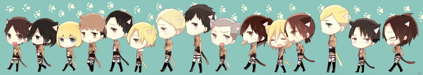 6+girls animal_ears annie_leonhardt armin_arlert bertolt_hoover black_hair blonde_hair boots brown_eyes brown_hair cat_ears chibi christa_renz connie_springer eating eren_yeager erwin_smith food freckles glasses grey_eyes hair_ornament hange_zoe highres jean_kirchstein kemonomimi_mode levi_(shingeki_no_kyojin) long_image marco_bodt mikasa_ackerman multiple_boys multiple_girls open_mouth paradis_military_uniform ponytail reiner_braun sasha_braus shingeki_no_kyojin short_hair simple_background smile tail takimiho uniform wide_image ymir_(shingeki_no_kyojin)