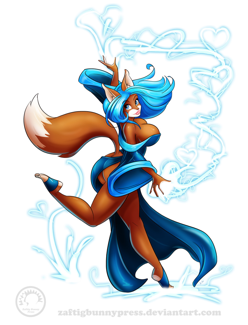 &lt;3 anthro big_breasts blue_eyes blue_hair breasts brown_fur brown_nose butt canine cleavage clothed clothing dress female fox fur hair hi_res hindpaw lips long_hair looking_at_viewer looking_back magic mammal paws plain_background pose skimpy smile solo standing thighs white_background white_fur zaftigbunnypress