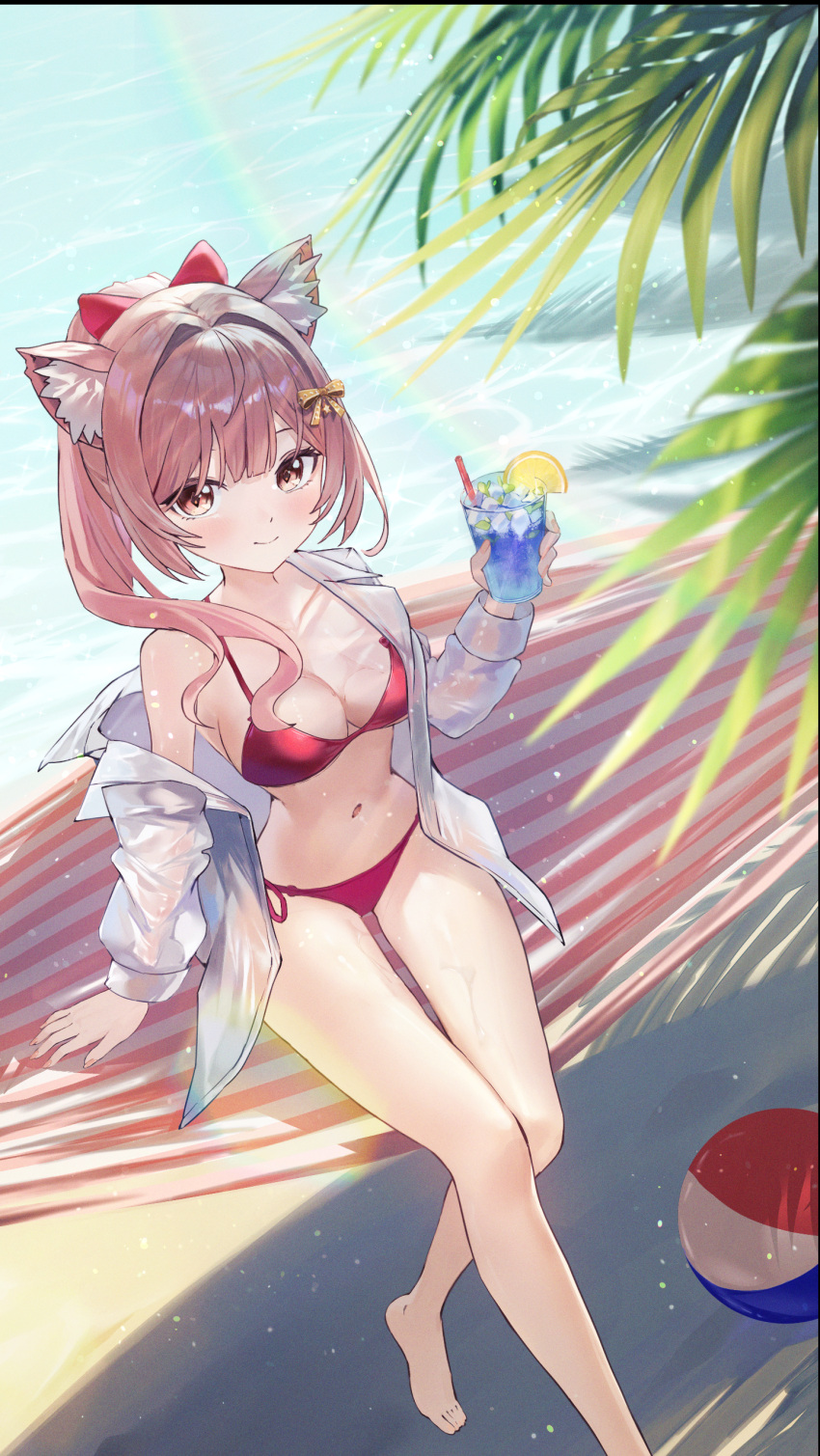 1girl absurdres animal_ears babupipi ball bare_legs bare_shoulders barefoot beachball bikini bluedok_(o-ni) breasts brown_hair cat_ears cleavage closed_mouth cup drinking_glass hammock highres holding holding_cup indie_virtual_youtuber long_sleeves looking_at_viewer medium_breasts navel off_shoulder open_clothes open_shirt outdoors red_bikini red_eyes shirt short_hair side-tie_bikini_bottom smile solo stomach string_bikini swimsuit thighs virtual_youtuber wakum white_shirt