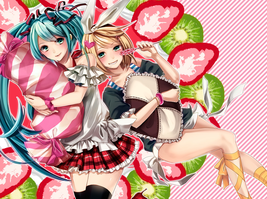 aqua_hair blonde_hair bracelet candy food green_eyes grin hair_ornament hair_ribbon hairclip hatsune_miku highres jewelry kagamine_rin lollipop long_hair memai multiple_girls ribbon short_hair skirt smile swirl_lollipop thighhighs very_long_hair vocaloid