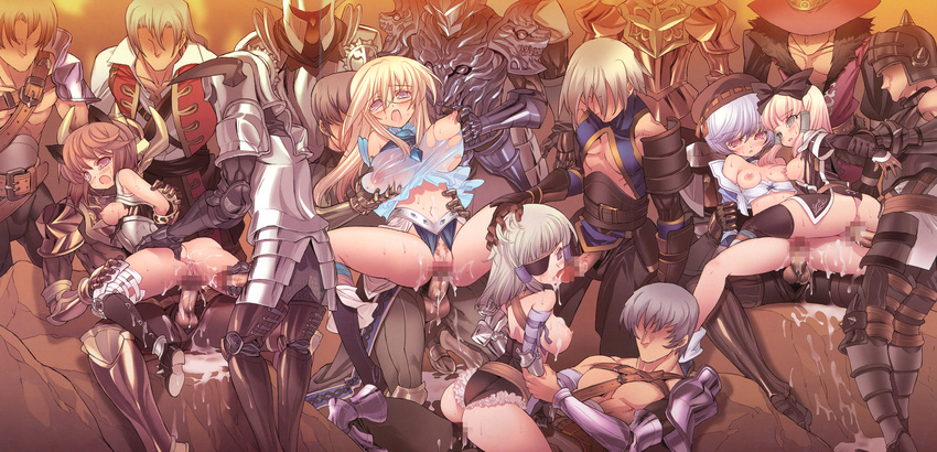 areola armor ass blade breast_grab breasts cleavage cum erect_nipples fantasy_earth_zero fixme gangbang lingerie megane open_shirt penis pussy thighhighs underboob