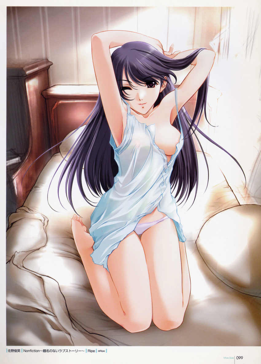;) absurdres areola_slip areolae armpits arms_up ayasaka_manami babydoll bangs barefoot bed breasts breasts_apart brown_eyes buttons feet fingernails grey_hair highres indoors light_rays lingerie long_fingernails long_hair looking_at_viewer lowleg lowleg_panties medium_breasts no_bra nonfiction official_art one_eye_closed panties parted_bangs pillow purple_panties sano_toshihide scan see-through sitting smile soles strap_gap strap_slip sunbeam sunlight swept_bangs thigh_gap underwear underwear_only waking_up wariza