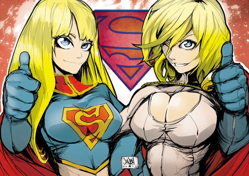 2girls armor bangs blonde_hair blue_eyes blue_gloves breasts cape cleavage cleavage_cutout crop_top dated dc_comics elbow_gloves gloves grin impossible_clothes jinbei large_breasts leotard light_smile locked_arms long_hair looking_at_viewer midriff multiple_girls one_eye_closed outline pauldrons power_girl red_cape short_hair signature sketch skin_tight smile supergirl superhero superman_(series) swept_bangs symmetry taut_clothes thumbs_up turtleneck upper_body zipper