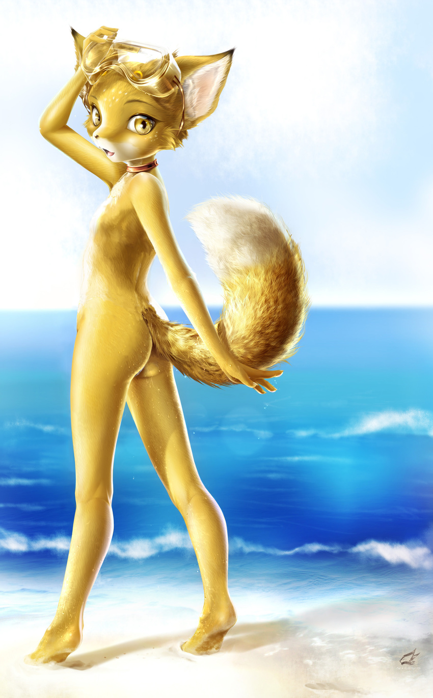 4_fingers agnes anthro barefoot beach big_ears big_eyes butt canine collar cute detailed edit eyewear fantastic_mr_fox female fennec flat_chested fox freckles fur goggles hi_res human_feet looking_at_viewer looking_back mammal n_cesra nude plantigrade pose raised_tail realistic sand sea seaside skinny solo standing summer swimsuit tiptoes water wet yellow_eyes yellow_fur young