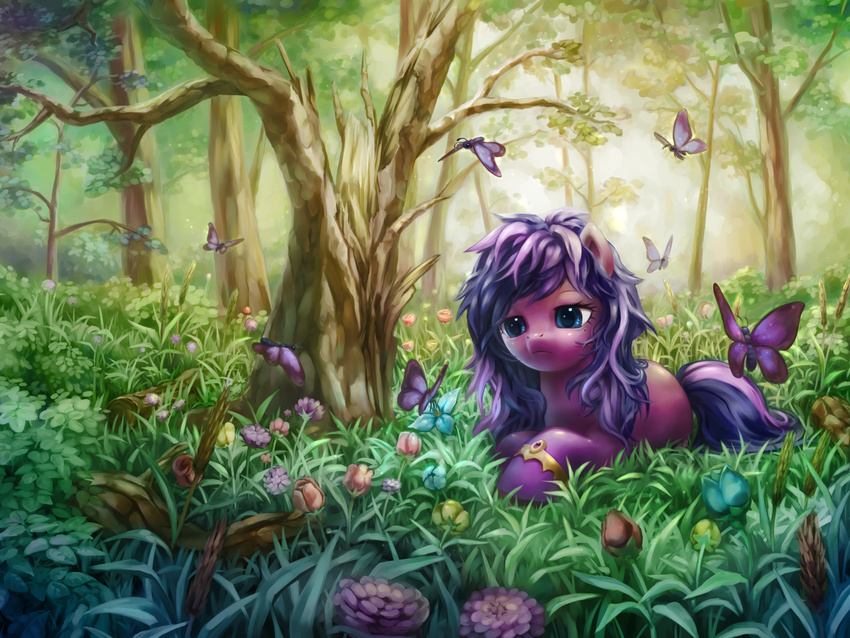 blue_eyes butterflies butterfly equine female forest horse insect mammal my_little_pony outside pony solo stupjam tree