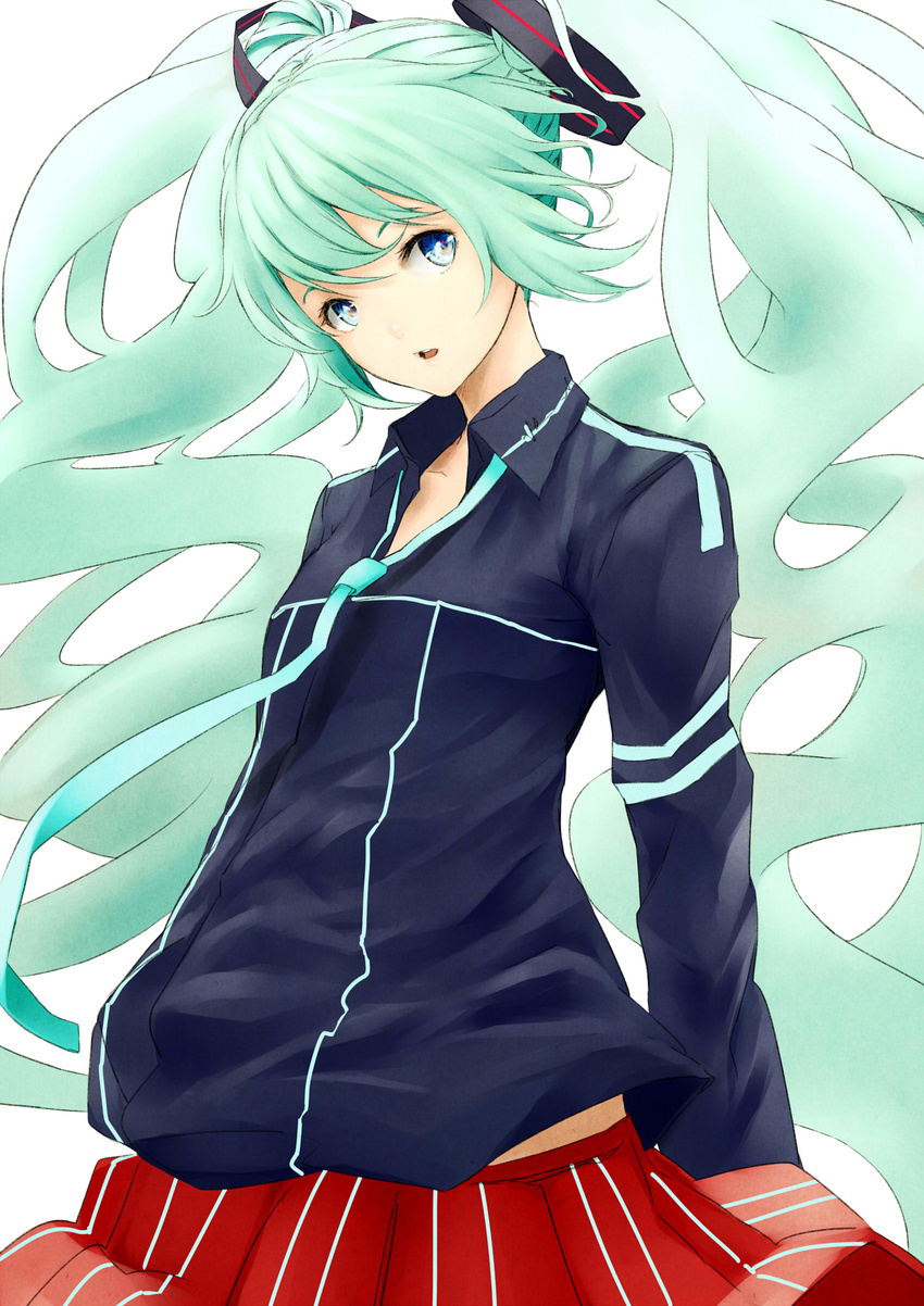 :o aqua_hair bad_id bad_pixiv_id black_jacket blue_eyes cowboy_shot hatsune_miku highres jacket long_hair long_sleeves necktie null_hamamo open_mouth parted_lips red_skirt simple_background skirt solo track_jacket twintails very_long_hair vocaloid white_background
