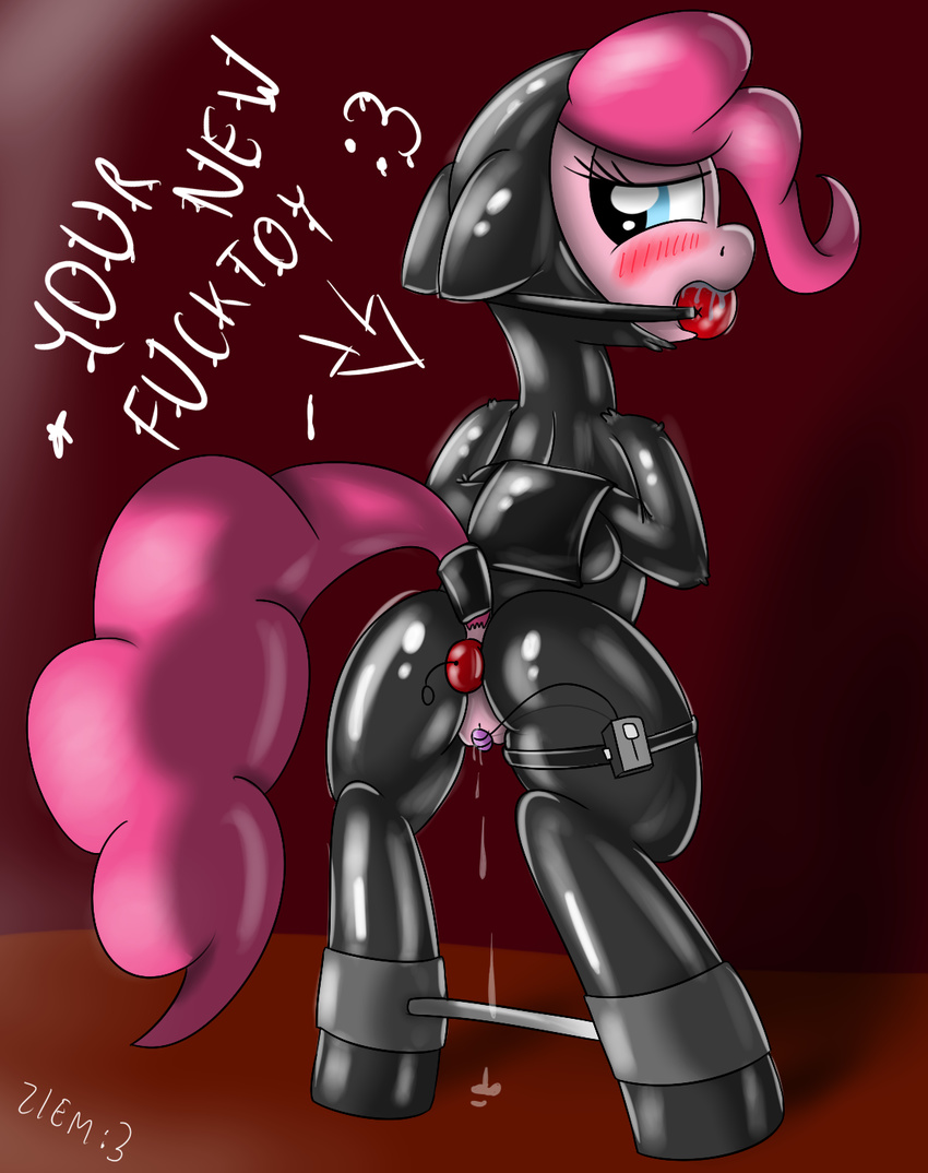 :3 anal anal_insertion anal_penetration anus arms_behind_back ball_gag bdsm blue_eyes blush bondage bound buttplug dripping english_text equine female feral friendship_is_magic gag gagged horse insertion looking_back mammal my_little_pony penetration pinkie_pie_(mlp) pony pussy pussy_juice rubber saliva sex_toy skinsuit solo spreader_bar text vibrator ziemniax