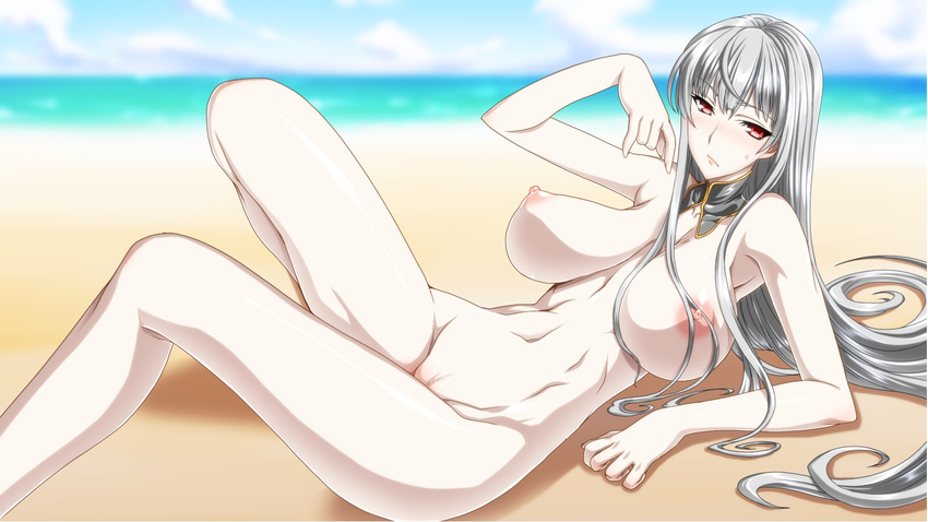 16:9 1girl areolae beach blush breasts censored ebido erect_nipples highres huge_breasts long_hair looking_at_viewer lying nipples nude ocean red_eyes sand selvaria_bles senjou_no_valkyria senjou_no_valkyria_1 sky solo water white_hair