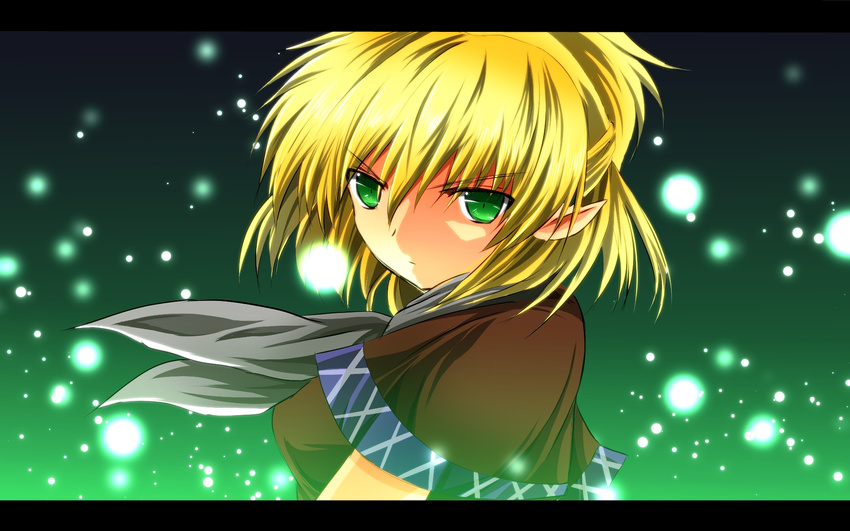 :o ascot bad_id bad_pixiv_id blonde_hair blouse gradient gradient_background green_background green_eyes head_tilt highres letterboxed light_particles looking_at_viewer mizuhashi_parsee nekominase pointy_ears short_hair solo touhou tsurime upper_body wind wind_lift