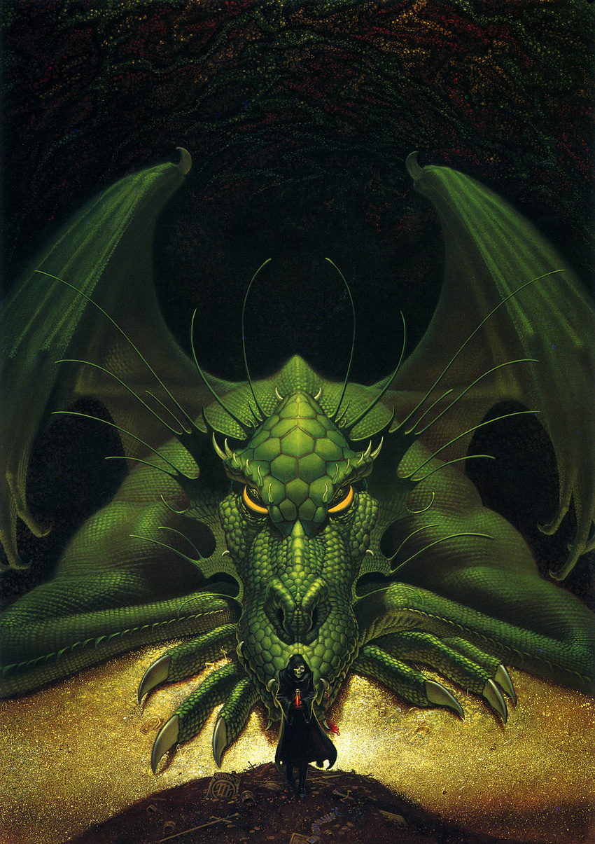 darkness death dragon dragon_wings feral green_body looking_at_viewer michael_whelan naughty_face scalie size_difference skeleton spread_wings treasure wings