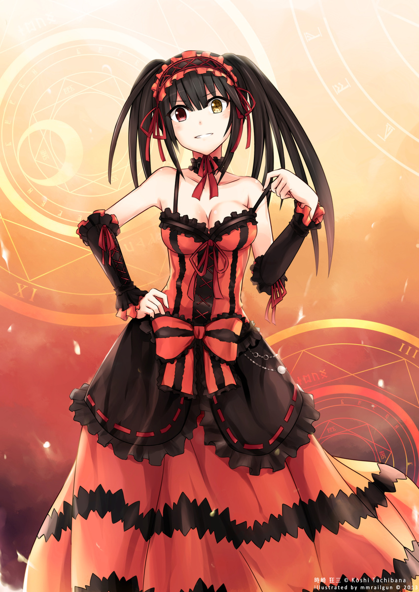 absurdres bare_shoulders black_hair bow breasts cleavage collarbone date_a_live detached_sleeves dress hairband heterochromia highres lolita_fashion lolita_hairband long_dress looking_at_viewer magic_circle medium_breasts mmrailgun red_bow red_eyes short_sleeves sleeveless sleeveless_dress tokisaki_kurumi twintails uneven_twintails yellow_eyes