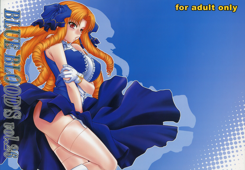 1girl absurdres ass bare_shoulders breast_hold breasts capcom drill_hair erect_nipples fate/stay_night fate/unlimited_codes fate_(series) garter_belt gloves hair_ornament highres huge_breasts legs long_hair looking_at_viewer luviagelita_edelfelt orange_hair red_eyes simple_background skirt solo standing thighhighs thighs type-moon