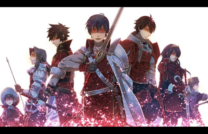 6+boys armor arrow dark_persona donny_(fire_emblem) falchion_(fire_emblem) fire_emblem fire_emblem:_kakusei frederik_(fire_emblem) glowing glowing_eyes hat highres krom letterboxed lucina multiple_boys red_eyes richt_(fire_emblem) ronku sword viole_(fire_emblem) weapon yoshino_natsu