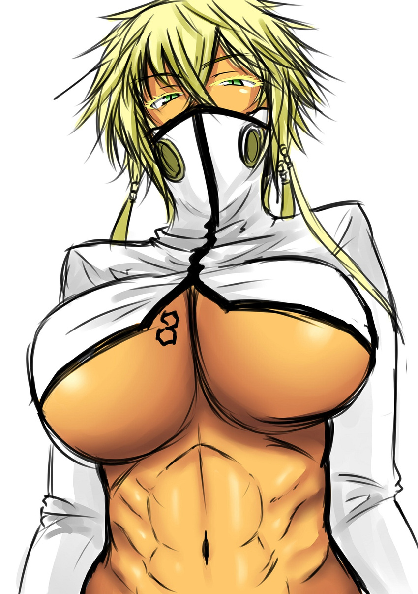 1girl 3 abs arrancar bleach blonde_hair breasts dark_skin espada green_eyes highres huge_breasts looking_at_viewer looking_down navel number rough saka_i_hirokadu solo tier_harribel toned underboob