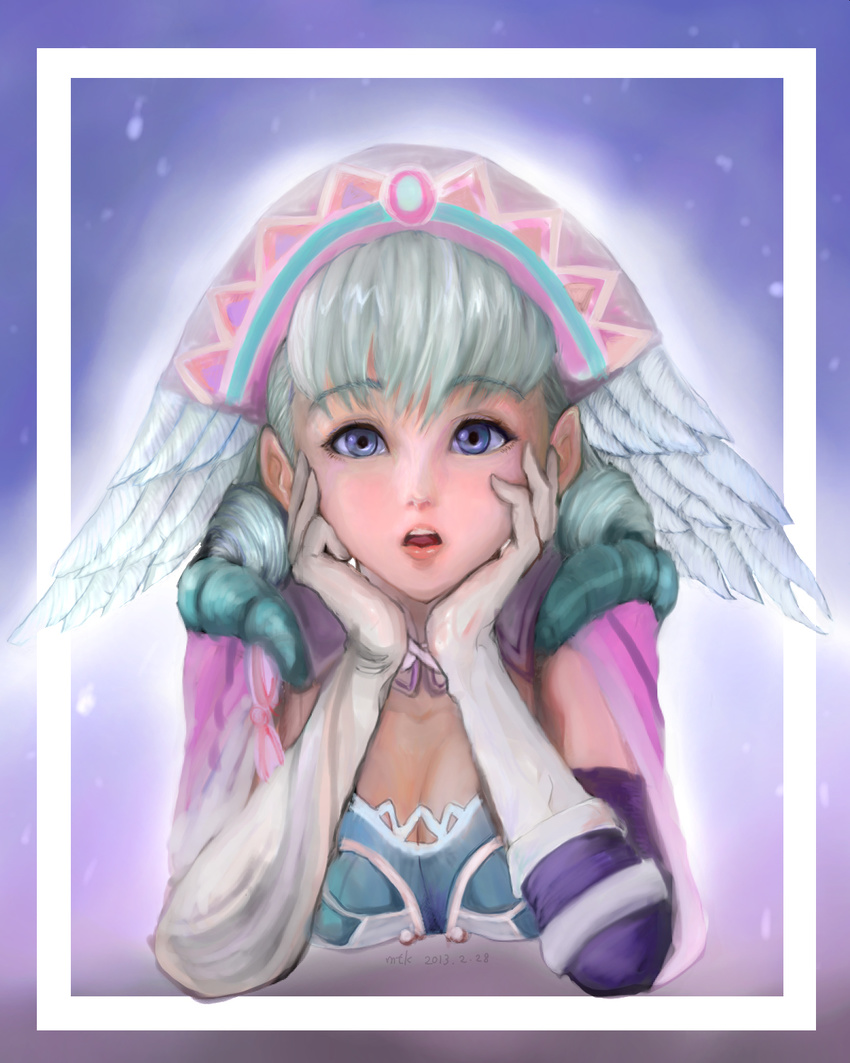 blue_eyes elbow_gloves gloves hat head_wings highres melia mtkm_m realistic silver_hair solo xenoblade_(series) xenoblade_1