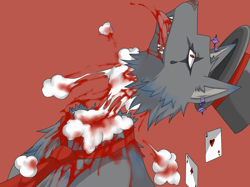 &#9830; anthro bleeding blood brown_nose canine card decapitation ear_piercing four_of_hearts fur gore grey_fur hat headless magician male mammal necktie piercing plain_background playing_card portrait red_background red_eyes severed_head sirohaku smoke solo three_of_diamonds tongue tongue_out top_hat wolf