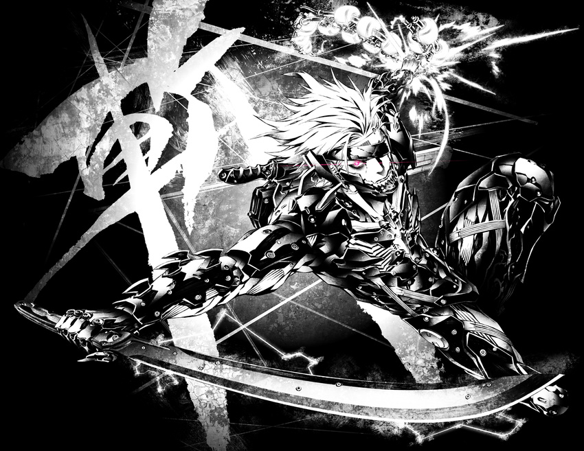 cyborg greyscale highres male_focus metal_gear_(series) metal_gear_rising:_revengeance miwa_shirou monochrome raiden red_eyes solo sword weapon