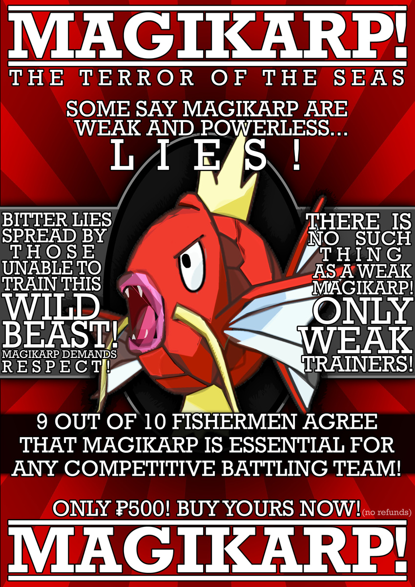 absurd_res advertisement amazing ambiguous_gender english_text extreme extreme_advertising eyes_half_open fin fish half-closed_eyes hi_res humor lukecarvill magikarp marine nintendo open_mouth pok&#233;mon pok&eacute;mon poster teeth text the_truth tongue tooth video_games whiskers