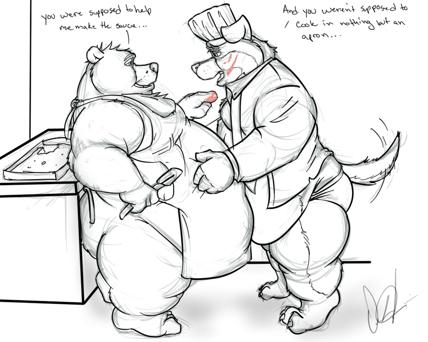 apron bear bottomless canine chef clothing cook cooking dirtymutt dog duo gay male mammal obese open_shirt overweight shirt underwear