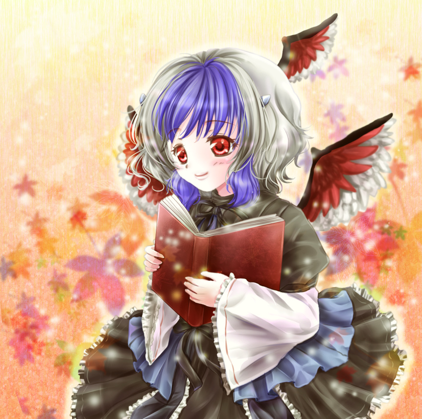 book capelet dress eyelashes gradient gradient_background head_wings highres leaf light_particles lips long_sleeves looking_away multicolored_hair open_book red_eyes ribbon short_hair single_head_wing smile solo tokiko_(touhou) touhou tsukiori_sasa two-tone_hair wings