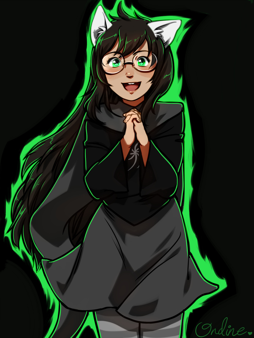 animal_ears black_hair blush buck_teeth dark_skin dog_ears dress fingers_together glasses green_eyes highres homestuck jade_harley long_hair magical_ondine pantyhose round_eyewear smile solo striped striped_legwear very_long_hair