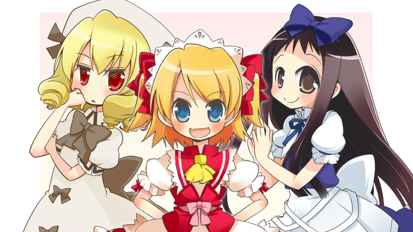 apron asaba_hiromu black_hair blonde_hair blue_eyes blush bow brown_eyes dress drill_hair hair_bow hair_ribbon hairband hat long_hair luna_child multiple_girls open_mouth puffy_sleeves red_eyes ribbon short_hair short_sleeves skirt smile star_sapphire sunny_milk touhou twintails wings