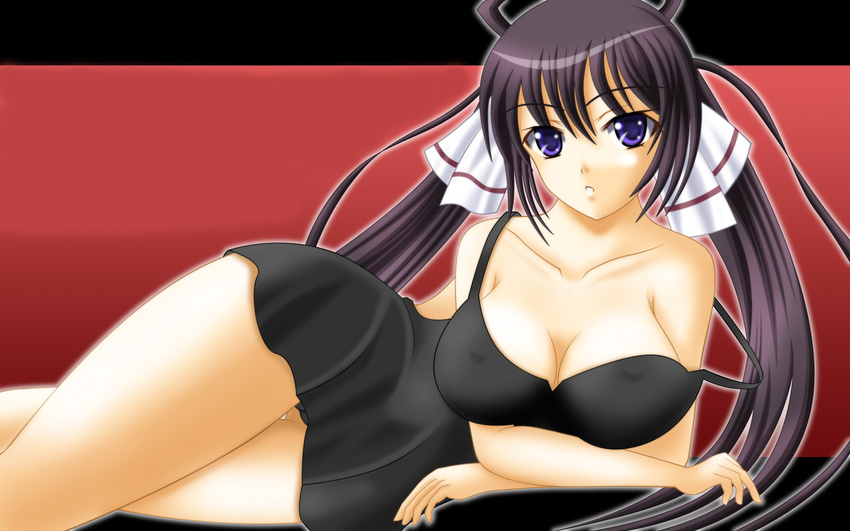 artist_request black_hair blue_eyes blush breasts camisole cleavage crossed_legs highres infinite_stratos large_breasts lingerie long_hair open_mouth shinonono_houki simple_background sitting solo underwear wallpaper