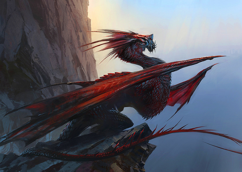 fangs feral jaime_jones magic_the_gathering male mountain nature niv-mizzet nude pose rock scalie sharp_teeth side_view sky solo standing sun teeth wings wizards_of_the_coast