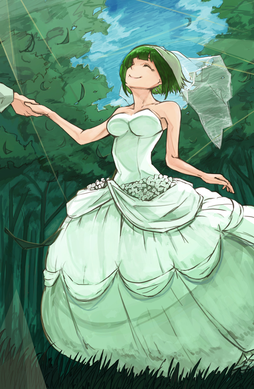 bare_shoulders bridal_veil closed_eyes code-aa day dress forest grass green_hair highres holding_hands idolmaster idolmaster_(classic) leaf mole mole_under_mouth nature otonashi_kotori out_of_frame outdoors short_hair sky smile strapless strapless_dress tree veil wedding_dress