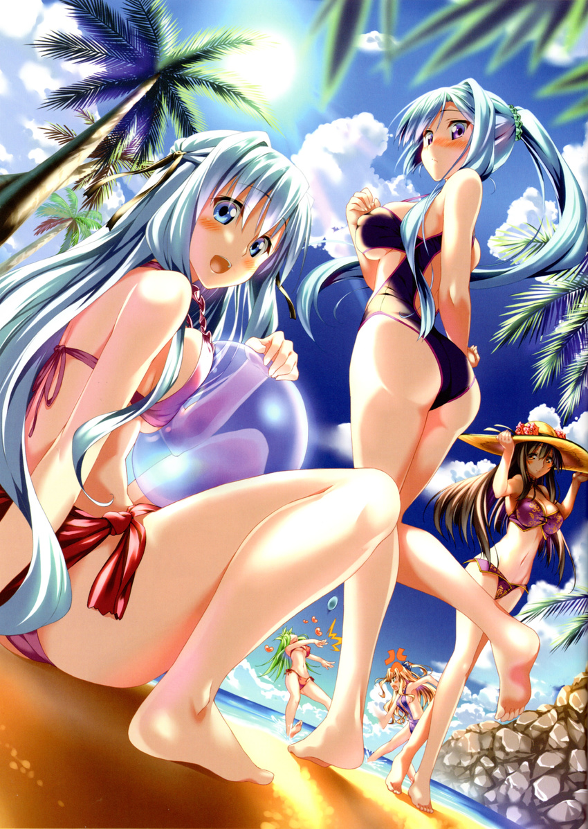 absurdres anger_vein ass ball barefoot beach beachball bikini blonde_hair blue_eyes blue_hair blush breast_press breasts brown_hair cleavage day dutch_angle elis_elotis erect! euphoria_trinity feet flower green_eyes green_hair hat highres large_breasts legs long_hair looking_back lunastia_asteel midriff multicolored_hair multiple_girls orange_eyes outdoors palm_tree piromizu ponytail purple_eyes purple_hair ririela_churack sitting skindentation sky strap_gap sun sun_hat swimsuit tiana_jill_lilithtia tree two_side_up very_long_hair