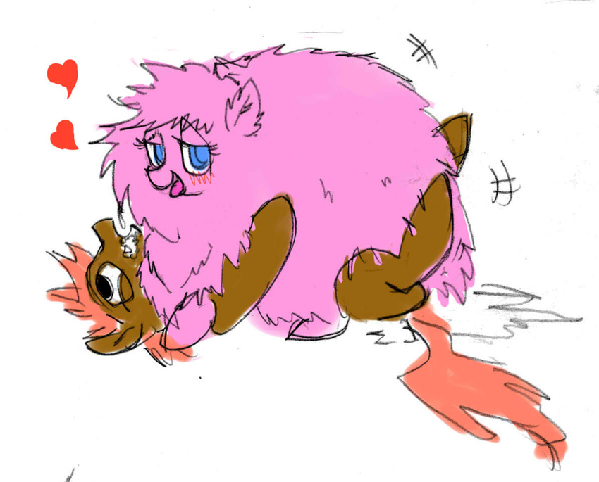 &lt;3 black_eyes blue_eyes blush brown_skin cuddling cum equine female feral fluffle_puff friendship_is_magic fur hair male mammal my_little_pony orange_hair overweight pink_fur plain_background size_difference squish tackle white_background wrestling