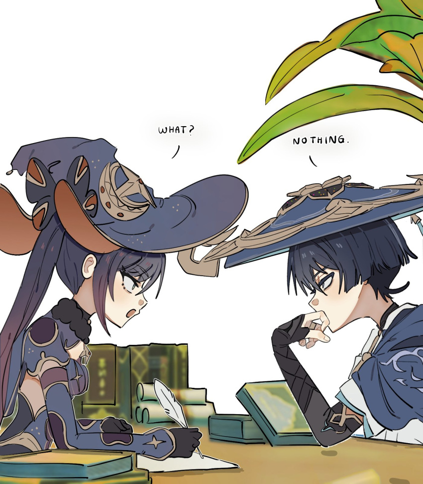 1boy 1girl arm_rest armor black_bow black_bridal_gauntlets black_gloves black_hair blue_cape blue_hat blue_leotard blue_sleeves blunt_ends bodystocking book book_stack bow bridal_gauntlets brooch cape covering_own_mouth crescent crescent_hat_ornament curled_fingers detached_sleeves elbow_gloves elbow_rest english_text eyelashes fingernails from_side fur_collar genshin_impact gloves gold gold_trim gradient_hair grey_eyes grey_hair grey_trim hand_over_own_mouth hat hat_bow hat_ornament highleg highleg_leotard highres holding holding_quill indoors japanese_armor japanese_clothes jewelry jingasa kimono kote kurokote layered_sleeves leotard long_hair looking_at_another mona_(genshin_impact) multicolored_hair open_mouth paper pink_hair plant profile quill red_hat sanpaku scaramouche_(genshin_impact) scroll short_sleeves sidelocks sideways_mouth star_(symbol) star_brooch star_hat_ornament streaked_hair tsurime twintails two-sided_fabric two-sided_headwear wanderer_(genshin_impact) white_background white_kimono white_sleeves witch_hat ysnden