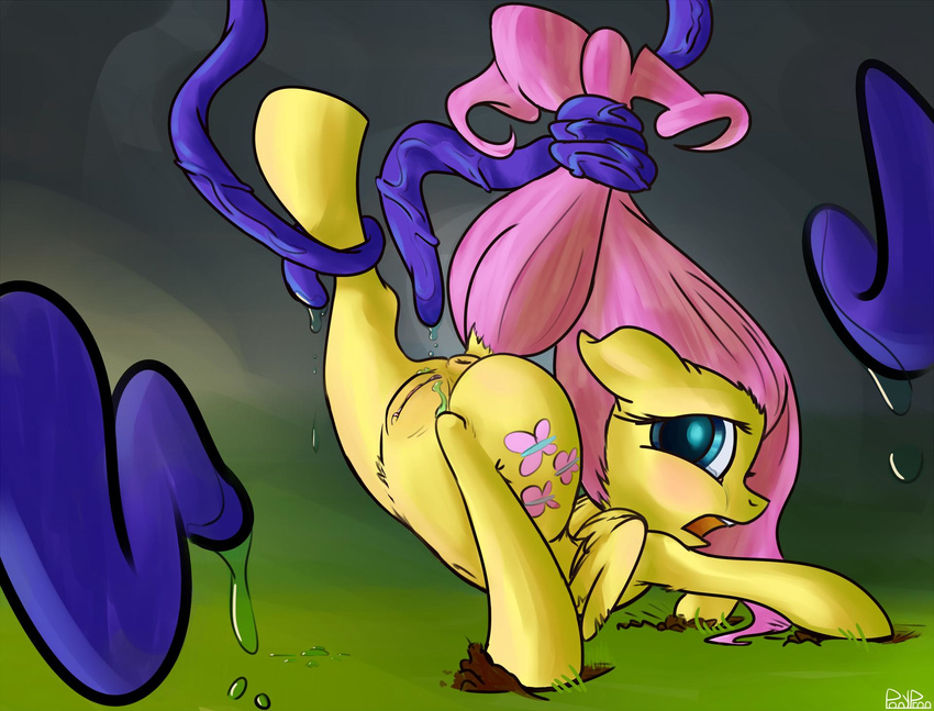 ass_up blush equine female feral fluttershy_(mlp) friendship_is_magic fur green_eyes hair hair_pull horse imminent_rape looking_back mammal my_little_pony open_mouth pegasus pink_hair pony ponypron pulling_hair pussy signature solo tail_pull tentacles wings yellow_fur