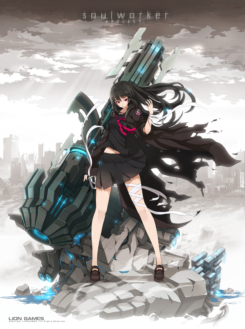 absurdres artist_request bandaged_leg bandages black_hair black_skirt building cannon city cityscape cloud coat copyright_name emblem full_body glowing grey_sky hand_up highres huge_weapon iris_yuma loafers long_hair navel official_art red_eyes ruins school_uniform shoes short_sleeves silhouette skirt skyscraper solo soul_worker standing torn_clothes torn_coat weapon wind