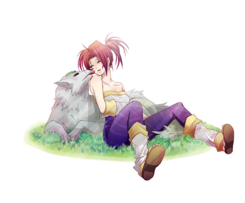 animal arm_warmers blue_eyes breasts closed_eyes detached_sleeves face_licking forehead_jewel full_body gem grass high_ponytail leg_warmers legaia_densetsu licking looking_at_viewer lying mother_and_daughter noa_(legaia_densetsu) on_ground on_stomach open_mouth outdoors ponytail red_hair sandals short_hair short_ponytail simple_background sitting small_breasts spread_legs strapless termah_(legaia_densetsu) toes tongue tongue_out tubetop unitard white_background wistaria-blue wolf