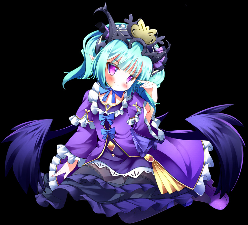 aqua_hair astaroth_(p&amp;d) dress headdress highres long_hair looking_at_viewer pantyhose purple_dress purple_eyes puzzle_&amp;_dragons smile solo wings zefa_(neoaltemice)