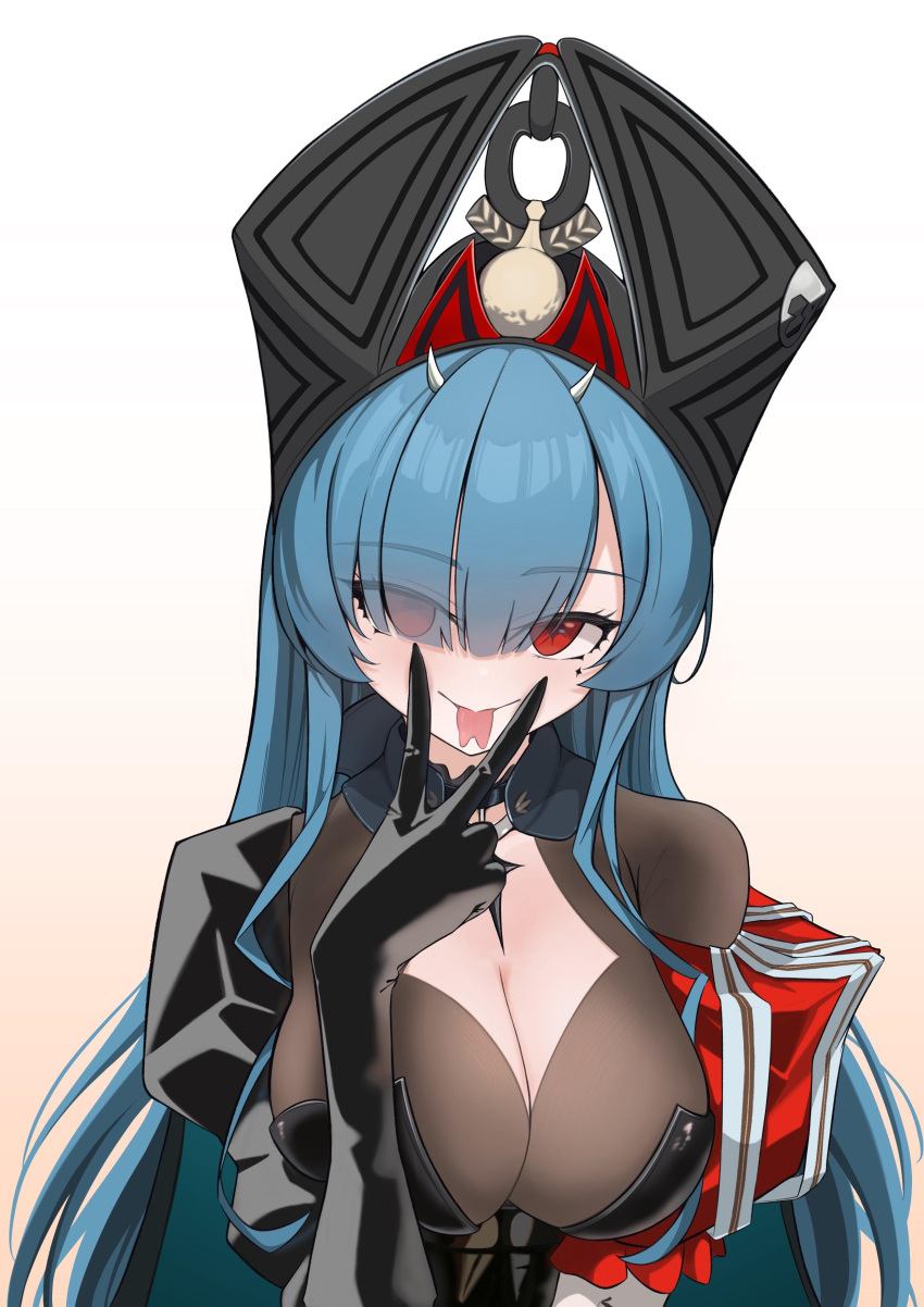 1girl absurdres azur_lane black_hat blue_hair breasts cleavage eyes_visible_through_hair facial_mark forked_tongue hair_over_one_eye hat highres horns large_breasts leric51 long_hair looking_at_viewer marco_polo_(azur_lane) red_eyes small_horns solo symbol-shaped_pupils tongue tongue_out upper_body v v_over_mouth