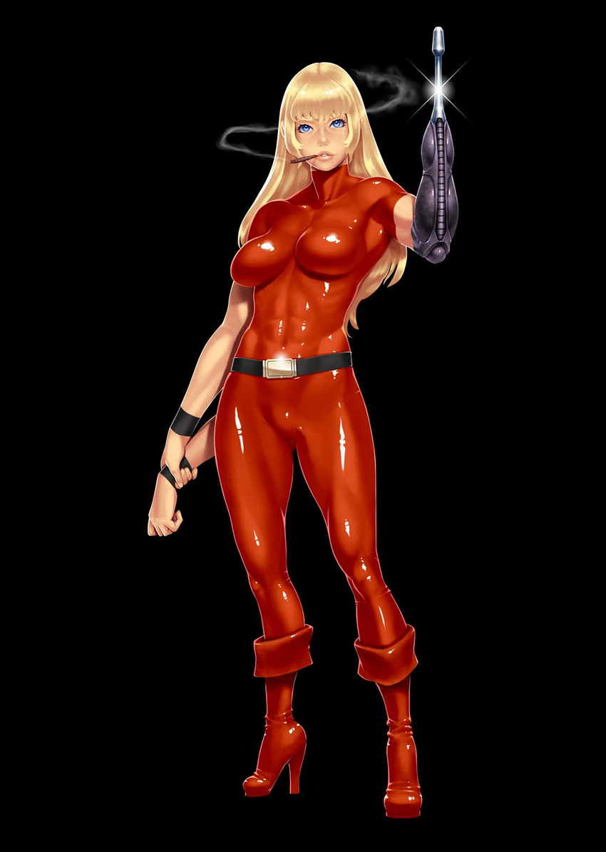 abs arm_cannon belt black_background blonde_hair blue_eyes breasts cigar cobra cyborg full_body genderswap genderswap_(mtf) high_heels highres impossible_clothes lips long_hair medium_breasts mouth_hold po-ju psychogun science_fiction shoes simple_background skin_tight solo space_adventure_cobra standing toned weapon