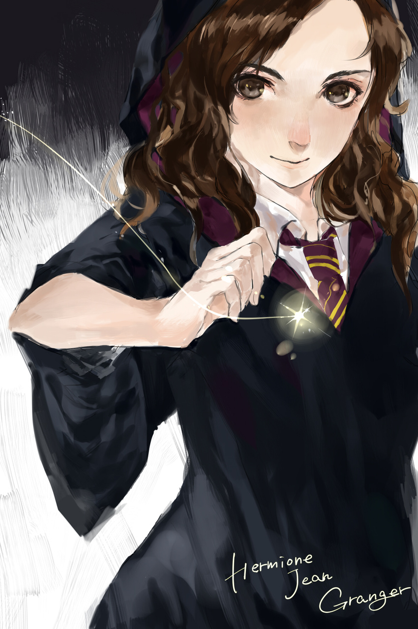 bad_id bad_pixiv_id brown_eyes brown_hair harry_potter hermione_granger highres long_hair necktie school_uniform solo yamato_(aoiaoiao921)