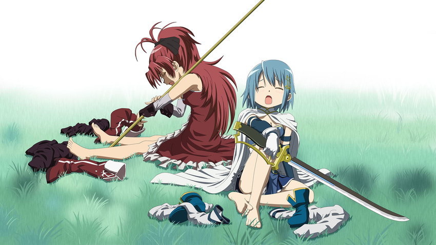 ankle_boots armband barefoot blue_footwear blue_hair boots boots_removed bow cape closed_eyes gloves grass hair_bow hair_ornament hairclip highres knee_boots knives_(knives777) long_hair magical_girl mahou_shoujo_madoka_magica mahou_shoujo_madoka_magica_movie miki_sayaka multiple_girls open_mouth panties polearm ponytail red_footwear red_hair sakura_kyouko shoes_removed short_hair sitting socks_removed spear sword thighhighs underwear weapon